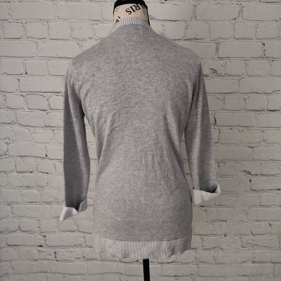 Tahari Asymmetrical Hem Roll Cuff Knit Sweater Cotton Two Tone Grey S - Picture 7 of 9